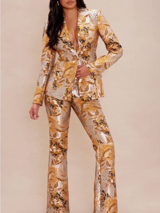 Pants - Metallic Gold Floral Blazer & Pants Jumpsuit Set